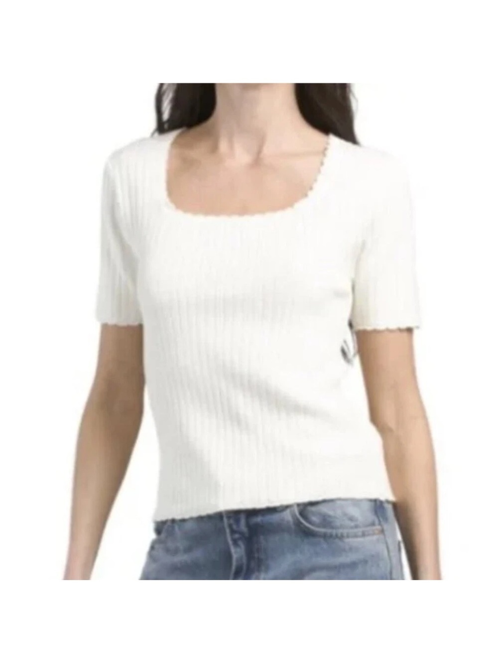 Bailey 44 Women's White Ribbed Square Neck Short Sleeve Top